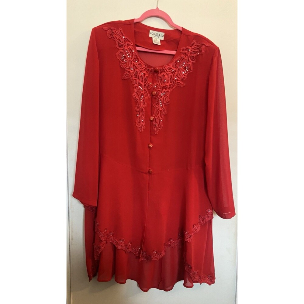 YOU LIM Red Chiffon Lace Beaded Button Long Sleeve Women's Button Top 3XL